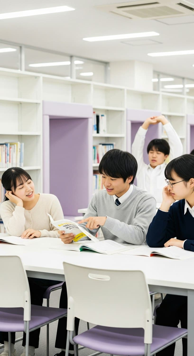 กลุ่มคนกำลังเรียนรู้และพูดคุยกันในห้องสมุดที่สว่าง